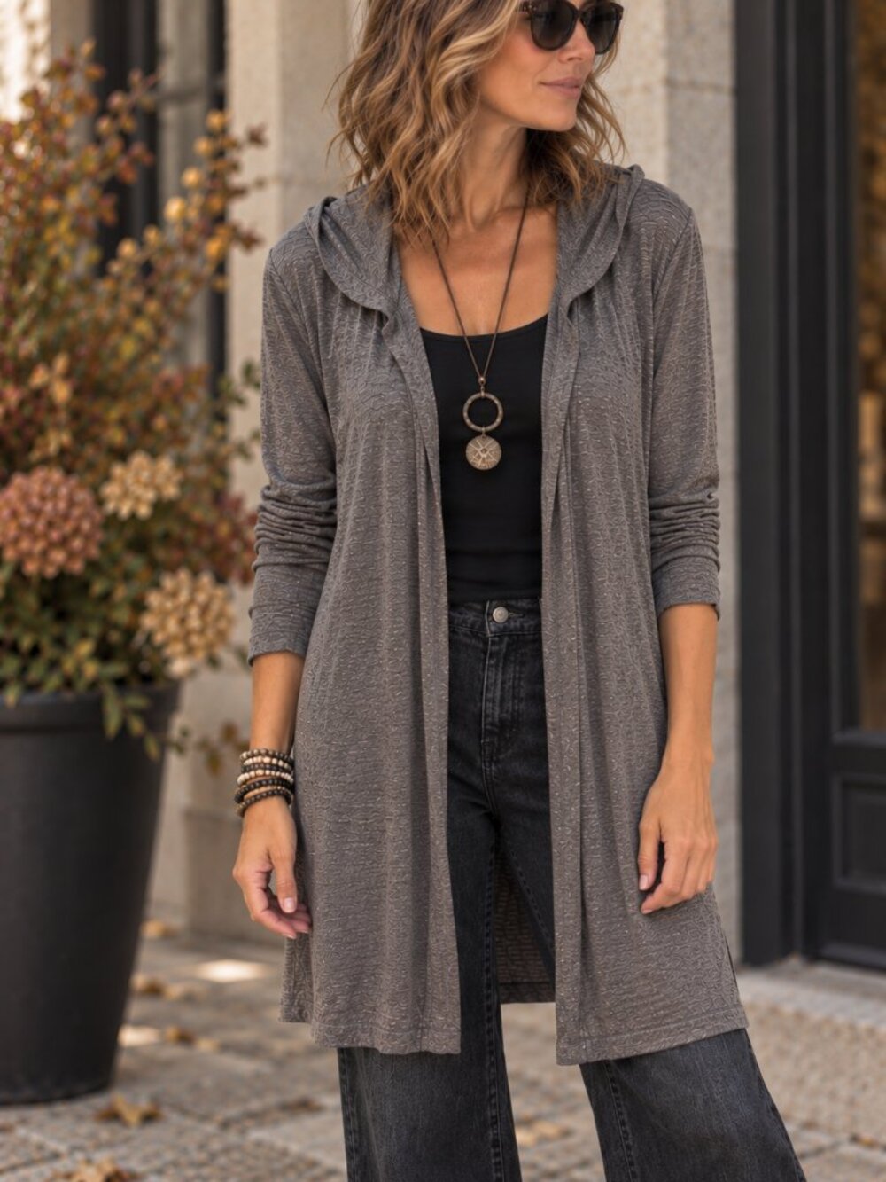 100% Linen Hooded Open Front Longline Cardigan L Tahari Lagenlook Minimalist EUC